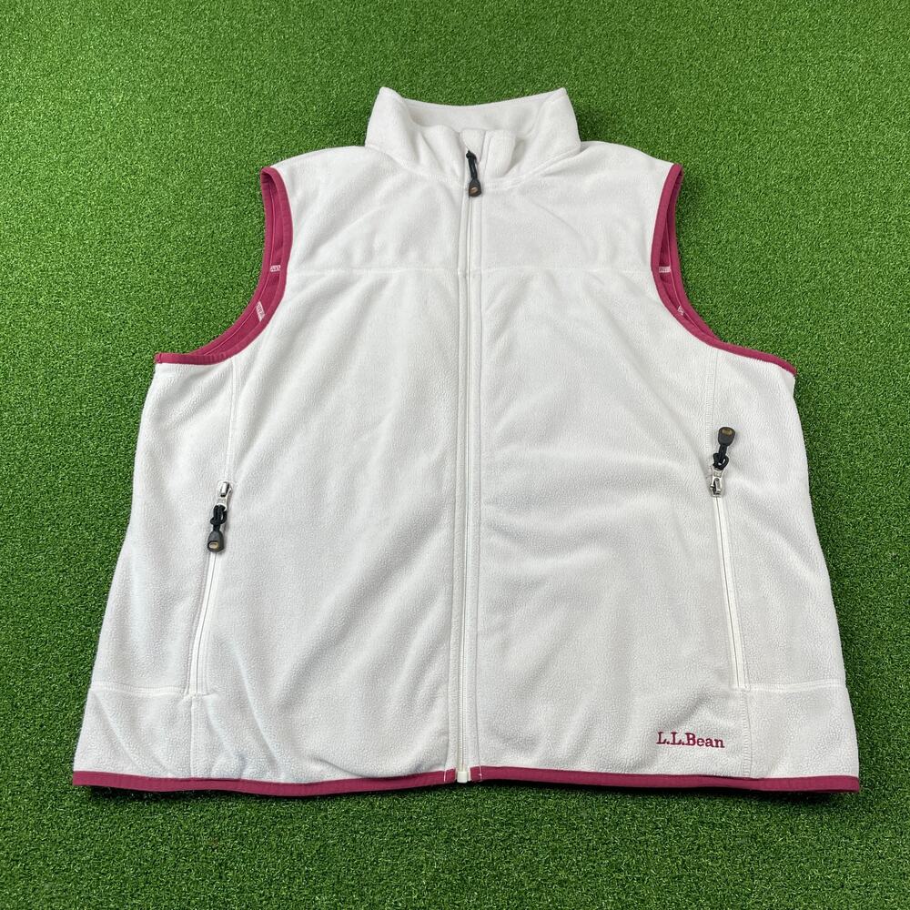 L.L.Bean Womens White Magenta Trim Full Zip Polartec Fleece Vest Sz XL